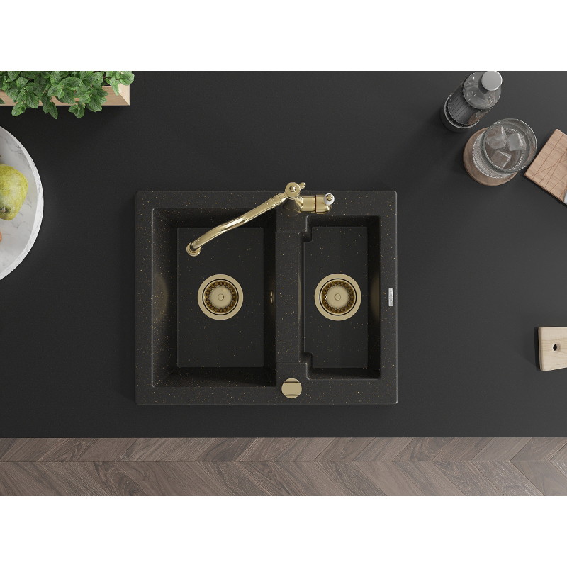 Mexen Carlos granite 1.5-bowl sink with Carla kitchen faucet, black/gold metallic - 6518-75-670700-50