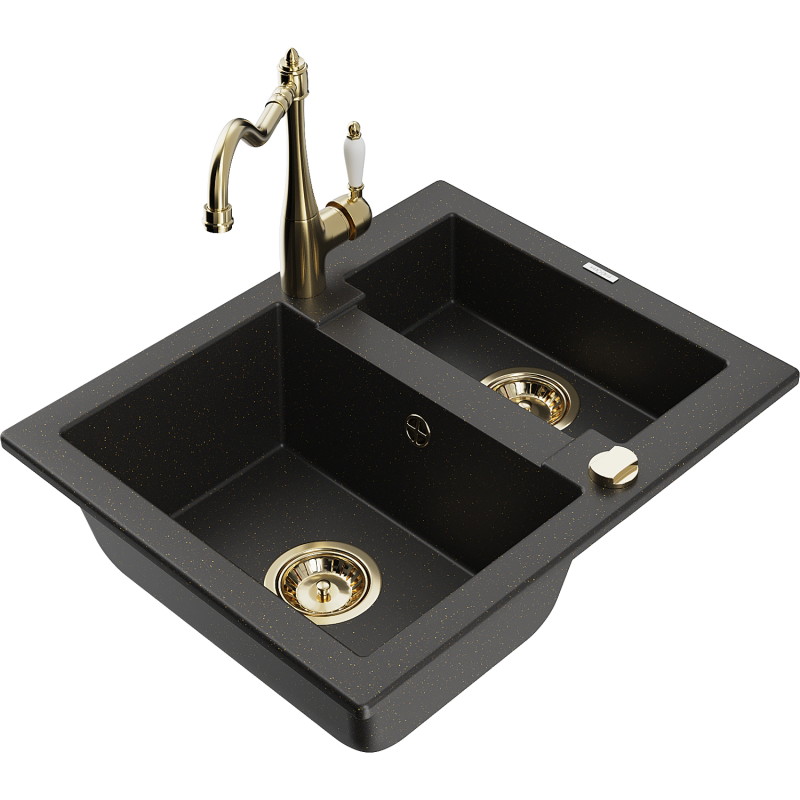 Mexen Carlos 1.5-bowl granite sink with Carla kitchen faucet, black/gold metallic - 6518-75-670700-50