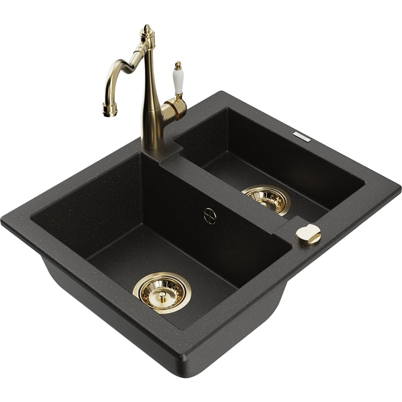 Mexen Carlos granite 1.5-bowl sink with Carla kitchen faucet, black/gold metallic - 6518-75-670700-50