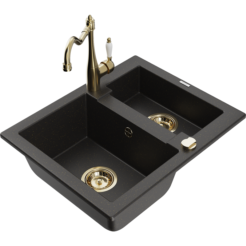 Mexen Carlos granite sink 1.5-bowl with Carla kitchen tap, black/gold metallic - 6518-75-670700-50