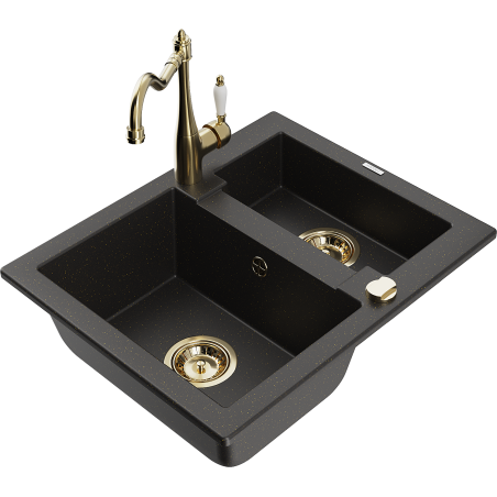 Mexen Carlos granite 1.5-bowl sink with Carla kitchen faucet, black/gold metallic - 6518-75-670700-50