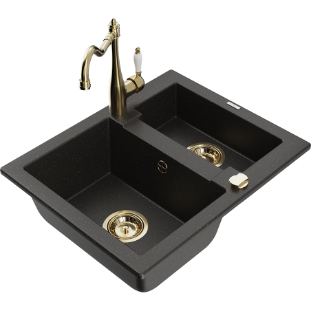 Mexen Carlos granite sink 1.5-bowl with Carla kitchen tap, black/gold metallic - 6518-75-670700-50