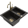 Mexen Carlos granite sink 1.5-bowl with Carla kitchen tap, black/gold metallic - 6518-75-670700-50