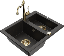 Mexen Carlos granite sink 1.5-bowl with Carla kitchen tap, black/gold metallic - 6518-75-670700-50