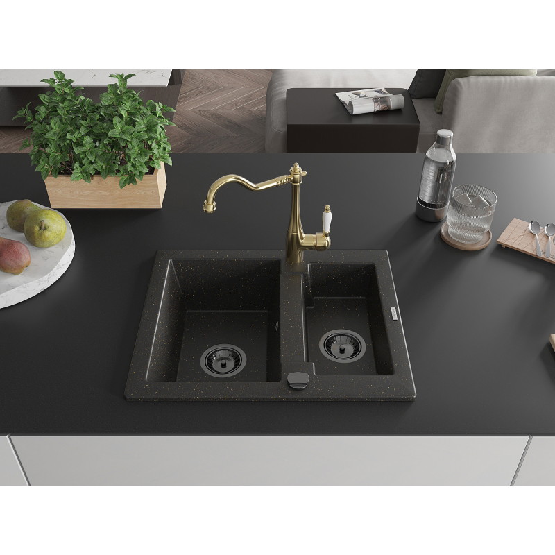 Mexen Carlos 1.5-bowl granite sink with Carla kitchen faucet, black/gold metallic - 6518-75-670700-50-B
