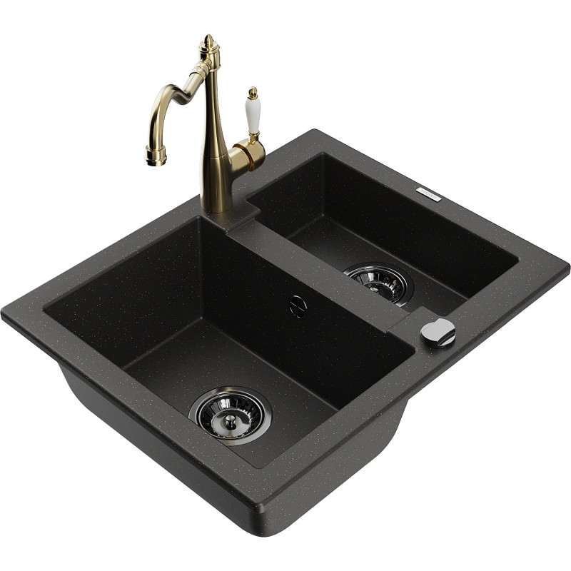 Mexen Carlos 1.5-bowl granite sink with Carla kitchen faucet, black/gold metallic - 6518-75-670700-50-B
