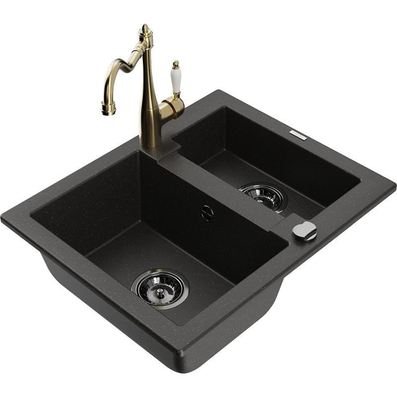 Mexen Carlos granite sink 1.5-bowl with Carla kitchen tap, black/golden metallic - 6518-75-670700-50-B