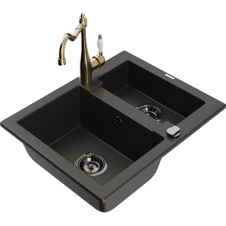 Mexen Carlos 1,5-compartment granite sink with a kitchen mixer tap Carla, Black/Gold metallic - 6518-75-670700-50-B