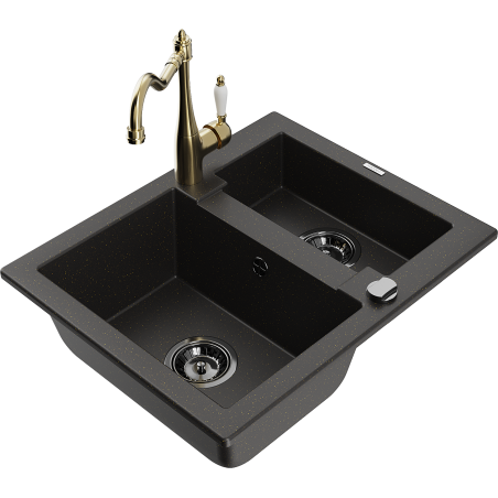 Mexen Carlos granite sink 1.5-bowl with Carla kitchen tap, black/golden metallic - 6518-75-670700-50-B