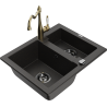 Mexen Carlos granite sink 1.5-bowl with Carla kitchen tap, black/golden metallic - 6518-75-670700-50-B