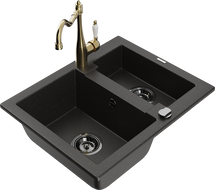 Mexen Carlos 1.5-bowl granite sink with Carla kitchen faucet, black/gold metallic - 6518-75-670700-50-B