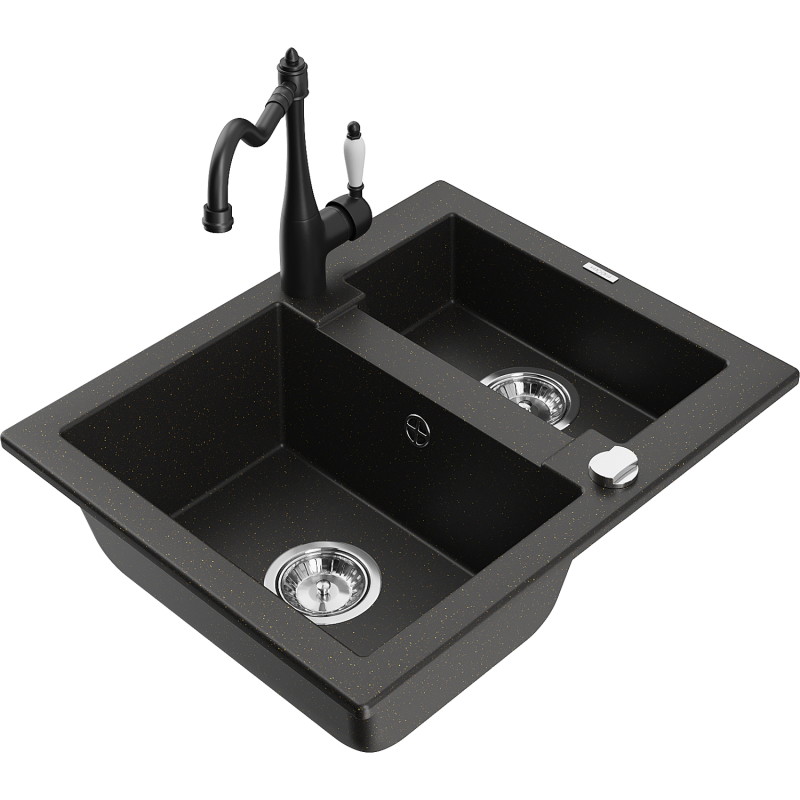 Mexen Carlos Granite Sink 1.5-Bowl with Carla Kitchen Faucet, Black/Gold Metallic - 6518-75-670700-70