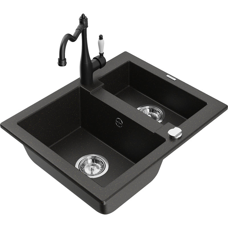 Mexen Carlos granite sink 1.5-bowl with Carla kitchen tap, black/gold metallic - 6518-75-670700-70
