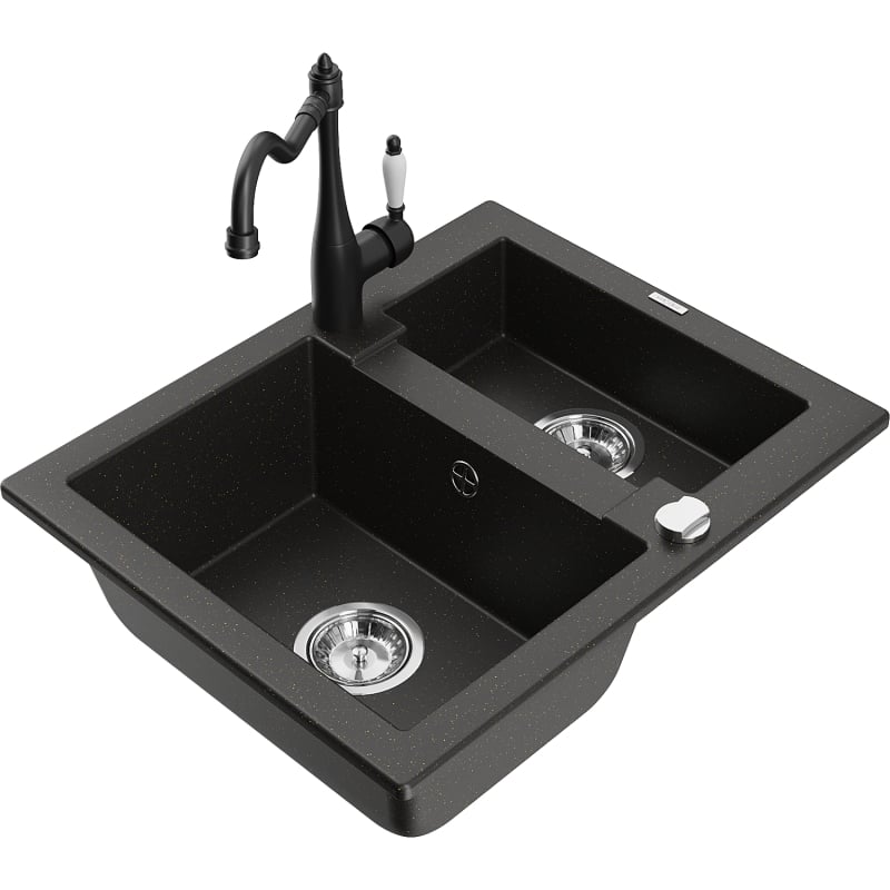 Mexen Carlos granite sink 1.5-bowl with kitchen faucet Carla, black/gold metallic - 6518-75-670700-70