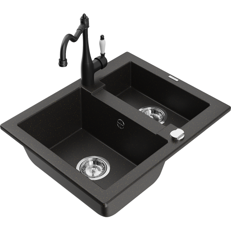 Mexen Carlos Granite Sink 1.5-Bowl with Carla Kitchen Faucet, Black/Gold Metallic - 6518-75-670700-70