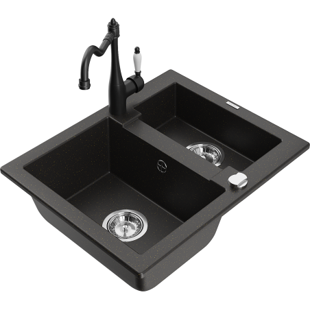 Mexen Carlos granite sink 1.5-bowl with Carla kitchen tap, black/gold metallic - 6518-75-670700-70