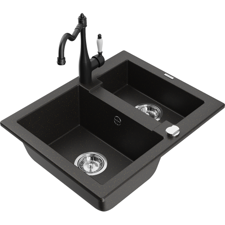 Mexen Carlos granite sink 1.5-bowl with kitchen faucet Carla, black/gold metallic - 6518-75-670700-70