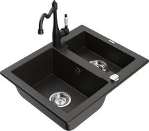 Mexen Carlos granite sink 1.5-bowl with Carla kitchen tap, black/gold metallic - 6518-75-670700-70