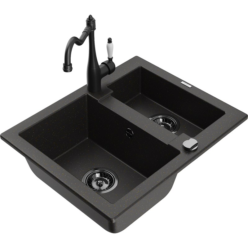 Mexen Carlos 1.5-bowl granite sink with Carla kitchen tap, black/gold metallic - 6518-75-670700-70-B