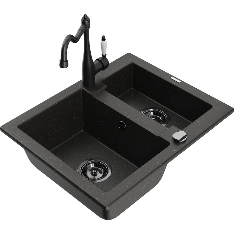 Mexen Carlos granite sink 1.5-bowl with Carla kitchen faucet, black/gold metallic - 6518-75-670700-70-B