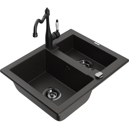Mexen Carlos 1.5-bowl granite sink with Carla kitchen tap, black/gold metallic - 6518-75-670700-70-B
