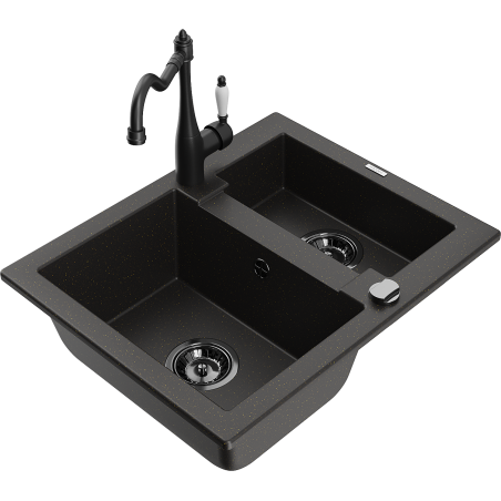 Mexen Carlos granite sink 1.5-bowl with Carla kitchen faucet, black/gold metallic - 6518-75-670700-70-B