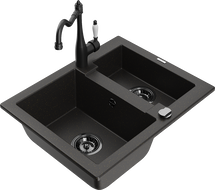 Mexen Carlos granite sink 1.5-bowl with Carla kitchen faucet, black/gold metallic - 6518-75-670700-70-B