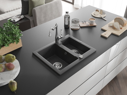 Mexen Carlos 1.5-bowl granite kitchen sink with Carla tap, black speckled - 6518-76-670700-00