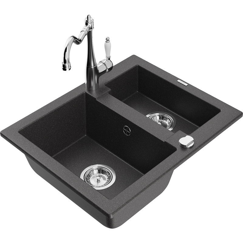 Mexen Carlos 1.5-bowl granite kitchen sink with Carla tap, black speckled - 6518-76-670700-00