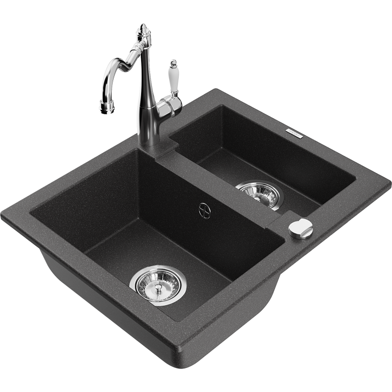 Mexen Carlos 1,5-compartment granite sink with a kitchen mixer tap Carla, spotted black - 6518-76-670700-00