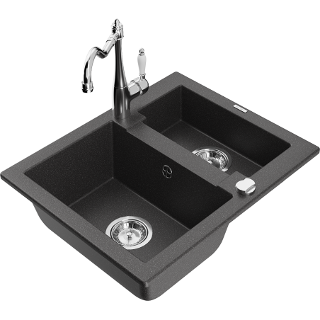 Mexen Carlos 1.5-bowl granite sink with Carla kitchen faucet, black speckled - 6518-76-670700-00