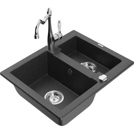 Mexen Carlos 1,5-compartment granite sink with a kitchen mixer tap Carla, spotted black - 6518-76-670700-00