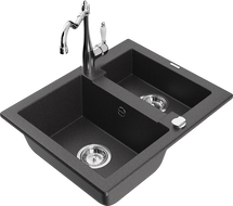 Mexen Carlos 1.5-bowl granite sink with Carla kitchen faucet, black speckled - 6518-76-670700-00