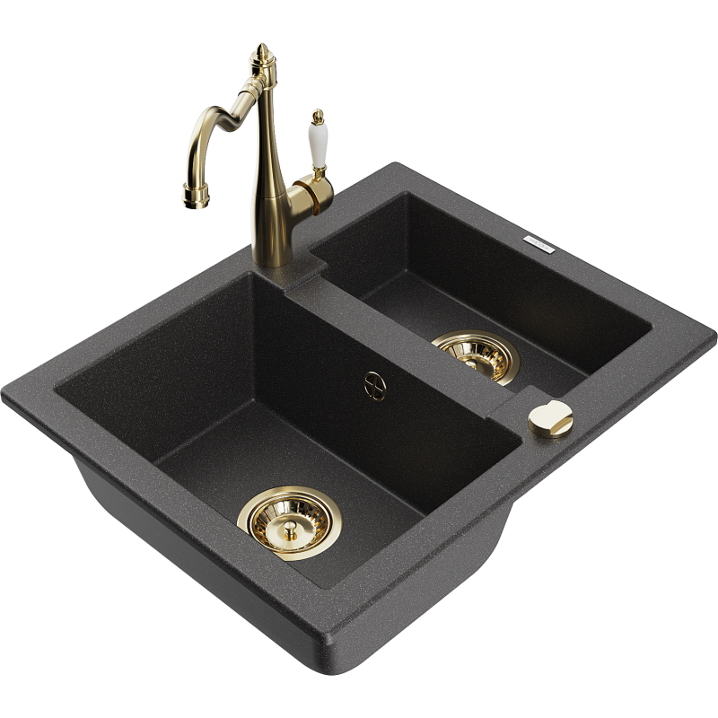 Mexen Carlos 1.5-bowl granite kitchen sink with Carla kitchen tap, speckled black - 6518-76-670700-50