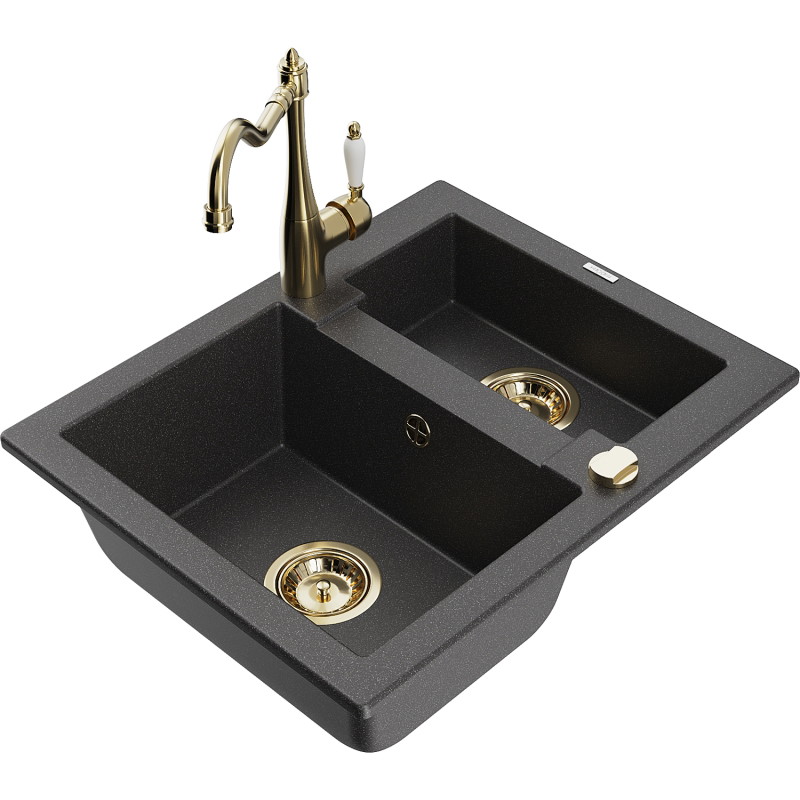 Mexen Carlos 1.5-bowl granite sink with kitchen faucet Carla, speckled black - 6518-76-670700-50