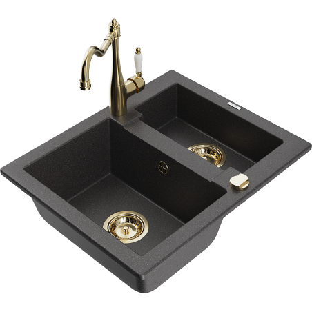 Mexen Carlos 1.5-bowl granite sink with kitchen faucet Carla, speckled black - 6518-76-670700-50