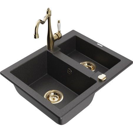 Mexen Carlos granite sink 1.5-bowl with kitchen faucet Carla, black speckled - 6518-76-670700-50