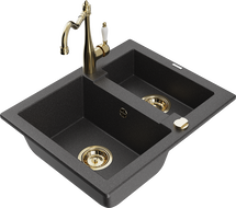 Mexen Carlos granite sink 1.5-bowl with kitchen faucet Carla, black speckled - 6518-76-670700-50