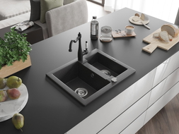 Mexen Carlos granite sink 1.5-bowl with Carla kitchen faucet, black speckled - 6518-76-670700-70