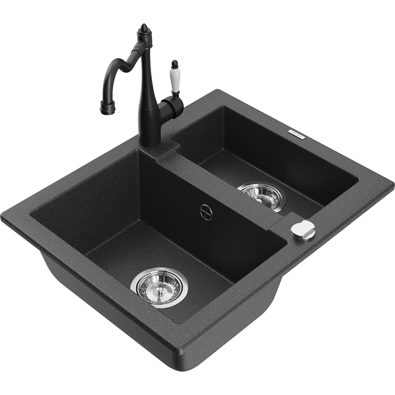 Mexen Carlos 1.5-bowl granite kitchen sink with Carla kitchen tap, black speckled - 6518-76-670700-70