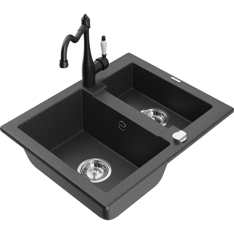 Mexen Carlos 1.5-bowl granite sink with Carla kitchen faucet, speckled black - 6518-76-670700-70