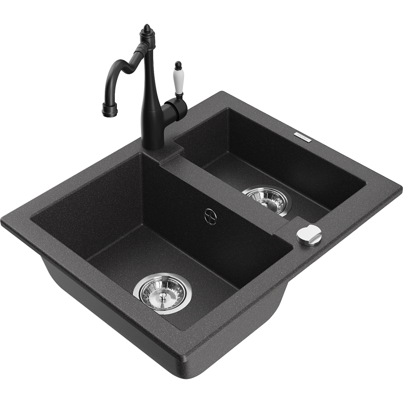 Mexen Carlos 1,5-compartment granite sink with a kitchen mixer tap Carla, spotted black - 6518-76-670700-70