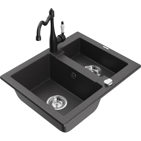 Mexen Carlos 1.5-bowl granite sink with Carla kitchen faucet, speckled black - 6518-76-670700-70
