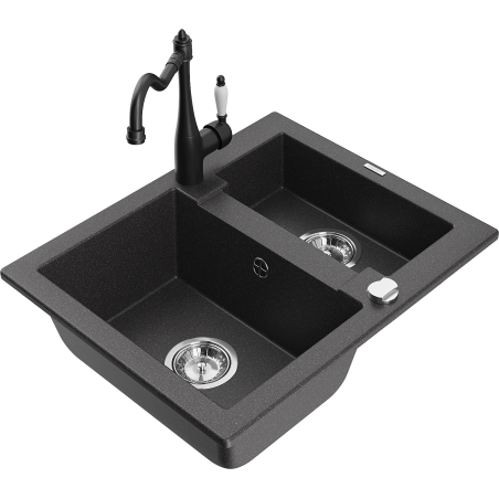 Mexen Carlos granite sink 1.5-bowl with Carla kitchen faucet, black speckled - 6518-76-670700-70
