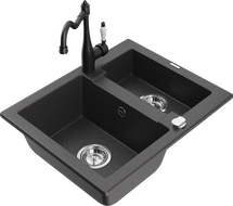 Mexen Carlos granite sink 1.5-bowl with Carla kitchen faucet, black speckled - 6518-76-670700-70