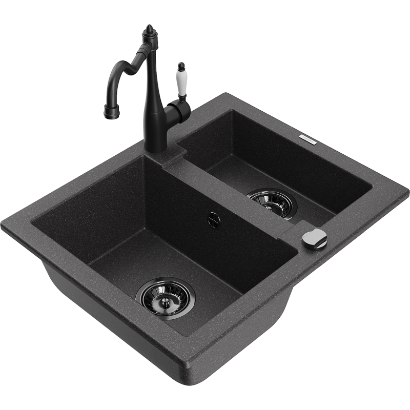Mexen Carlos 1,5-compartment granite sink with a kitchen mixer tap Carla, spotted black - 6518-76-670700-70-B