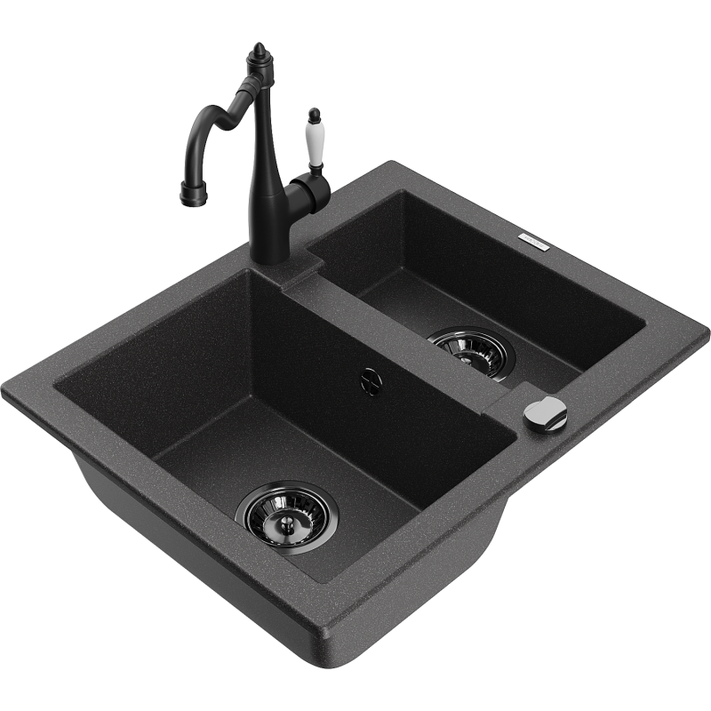 Mexen Carlos granite sink 1.5-bowl with Carla kitchen tap, speckled black - 6518-76-670700-70-B