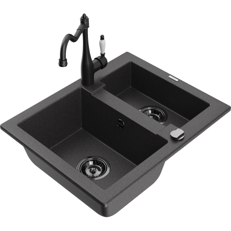 Mexen Carlos granite kitchen sink 1.5-bowl with kitchen faucet Carla, black speckled - 6518-76-670700-70-B