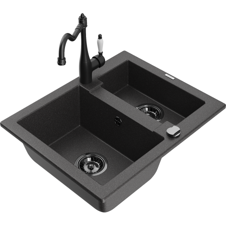 Mexen Carlos granite sink 1.5-bowl with Carla kitchen tap, speckled black - 6518-76-670700-70-B