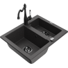 Mexen Carlos granite sink 1.5-bowl with Carla kitchen tap, speckled black - 6518-76-670700-70-B